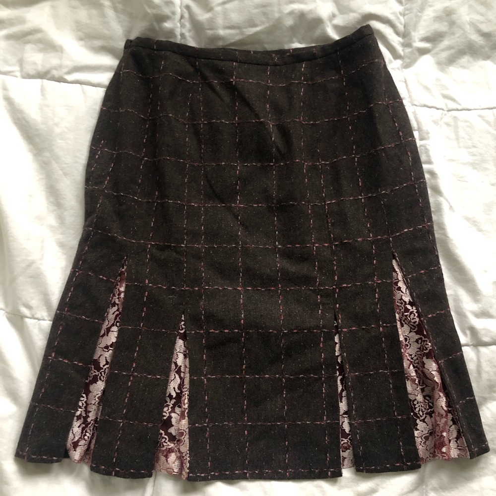 euc vintage Tristan & Iseut brown wool pink lace box pleats knee skirt Canada 10